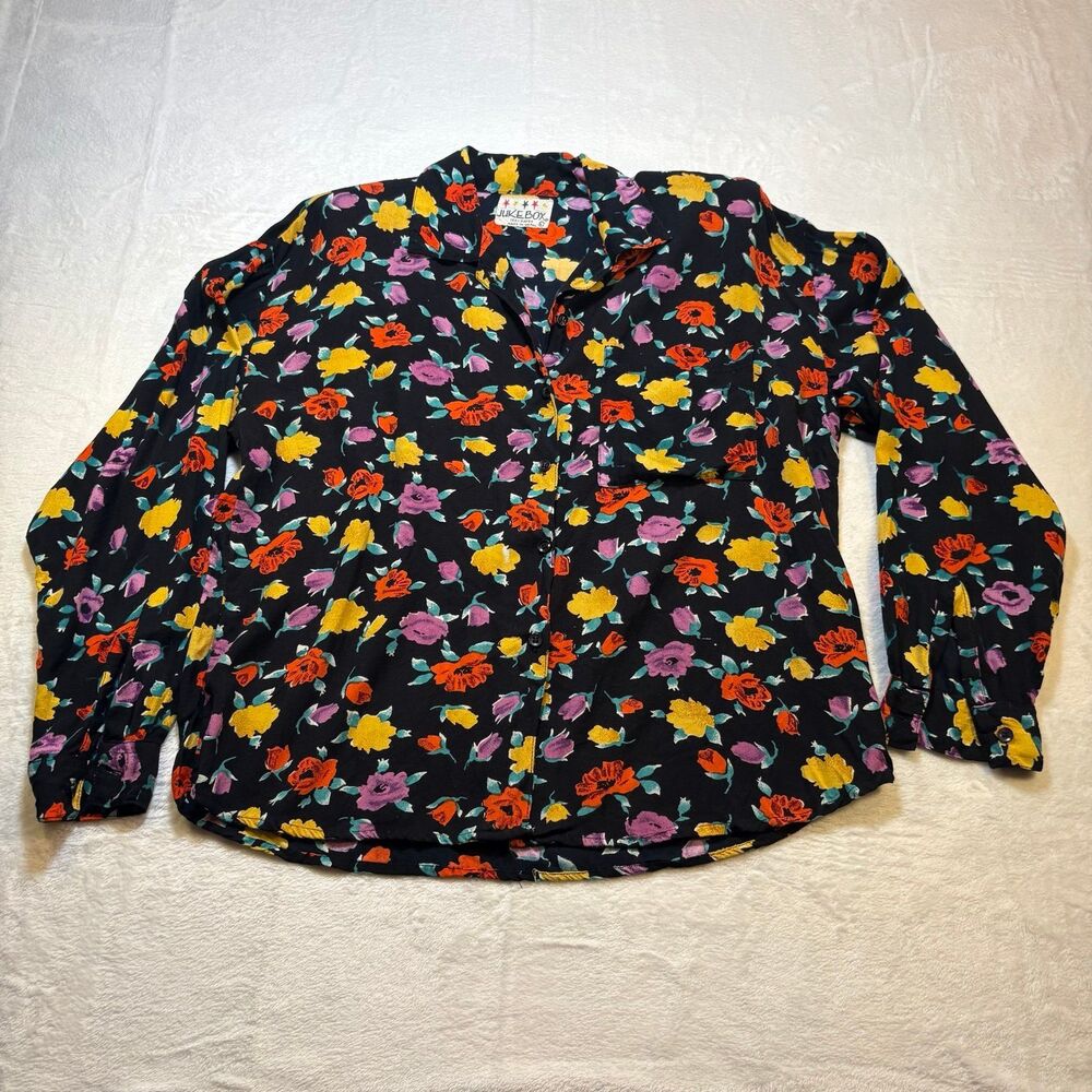 Vintage Jukebox Floral Button Up Shirt Rayon Black Boho Grunge L